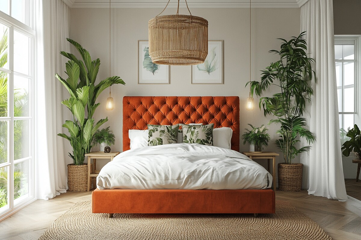 Tropical Master Bedroom Design with Orange Headboard Queen Bed